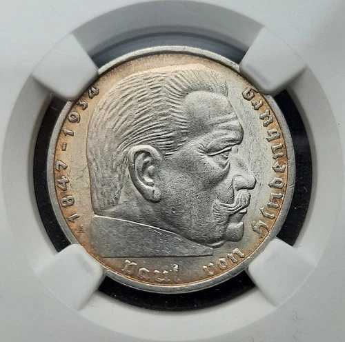 1937年A ドイツ 2マルク銀貨、ヒンデンブルク、NGC AU58 ライヒスマルク