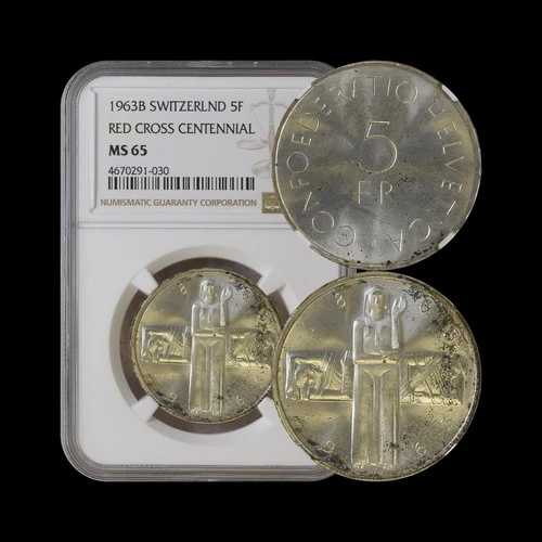 スイス。1963年、5フラン、銀貨 - NGC MS65 - 赤十字100周年記念