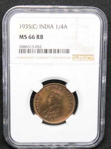 1935-C 1/4 アンナ イギリス領インド、ジョージ5世 NGC MS66 RB、BU 光沢あり