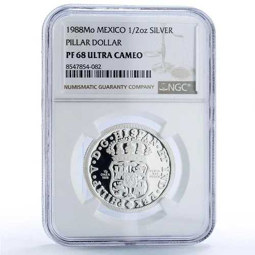 メキシコ ピラードル 8レアル 1732年 再鋳造 1/2オンス PF 68 NGC銀メダル 1988年