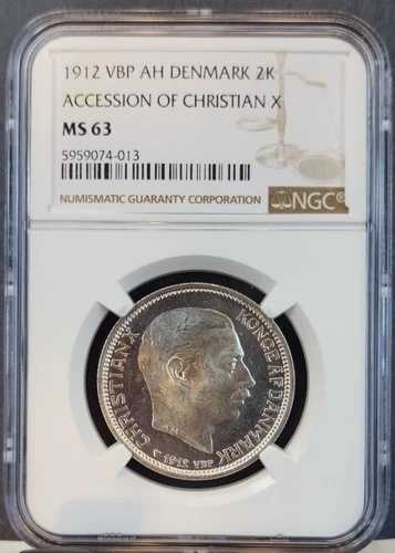 1912年 デンマーク 銀貨 2クローネ クリスチャン10世即位記念 NGC MS 63 美しいコイン