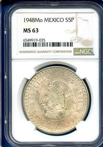 1948 Mo メキシコ NGC MS63 シルバー 5 ペソ S5P シンコ ペソ クアウテモック MS-63