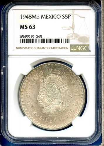 1948 Mo メキシコ NGC MS63 シルバー 5 ペソ S5P シンコ ペソ クアウテモック コイン MS-63