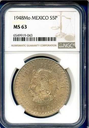 1948 Mo メキシコ NGC MS63 シルバー 5 ペソ S5P シンコ ペソ クアウテモック コイン MS-63 45,045円