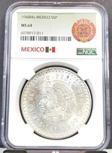 1948 メキシコ シルバー 5 ペソ S5P CUAUHTEMOC NGC MS 64 BU ニース コイン