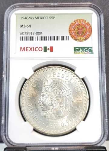 1948 メキシコ シルバー 5 ペソス S5P クアウテモック NGC MS 64 ブライト BU コイン-