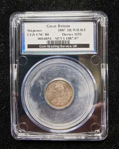 1887年 ビクトリア州 R/I 6ペンス銀貨 - CGSグレード UNC 80 (NGC相当 MS 64)