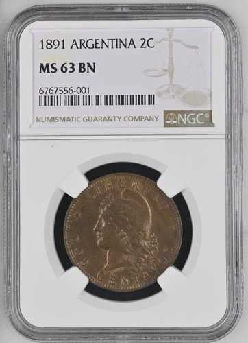 1891 アルゼンチン Dos 2 CENTAVOS 2C コイン NGC MS 63 BN