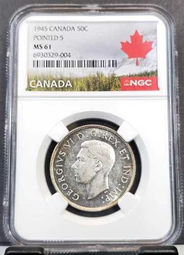 1945年 カナダ シルバー 50セント 50セント 5 NGC MS 61 美しい希少コイン- 71,500円