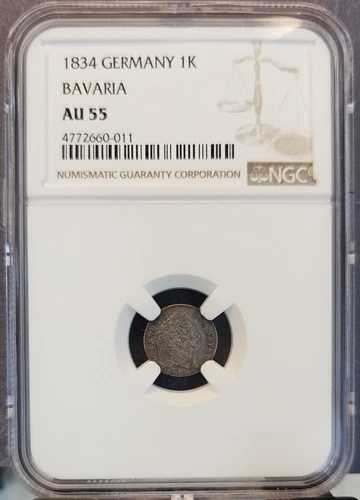 1834年 ドイツ 銀貨 1クロイツァー バイエルン ルートヴィヒ1世 NGC AU 55 高品位 希少コイン 71,500円