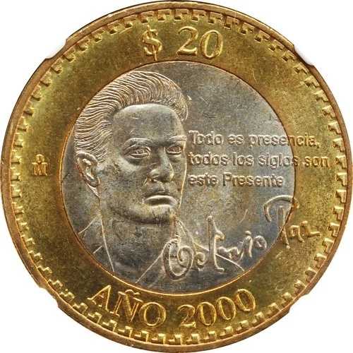 メキシコ 20ペソ 2000年 バイメタル オクタビオ・パス、NGC MS65。KM# 638 (032) 71,500円