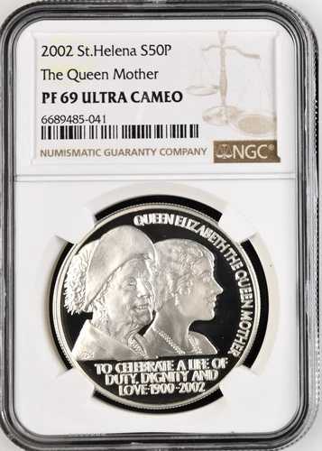 2002年 セントヘレナ 50ペンス クイーンマザー シルバー NGC PF 69 ウルトラカメオ 71,500円
