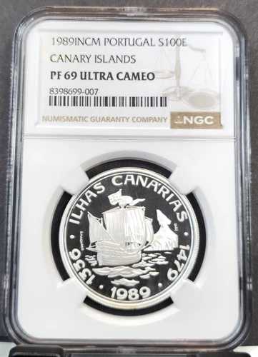 1989 ポルトガル シルバー 100 エスクード カナリア諸島 NGC PF 69 ウルトラ カメオ ジェム プルーフ