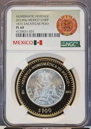 2013年 メキシコ シルバー 100ペソ 1872年 サカテカス ペソ NGC PL 69 希少な美しいコイン 71,500円