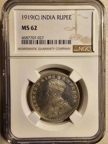 インド 1ルピー 1919C NGC MS 62