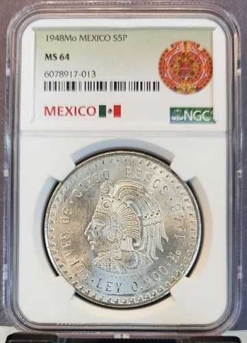 1948年 メキシコ シルバー 5ペソ S5P クアウテモック NGC MS 64 ブライトBU グレートコイン