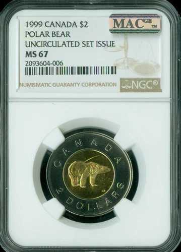 1999 カナダ $2 TOONI NGC MS67 PQ 2ND 最高級グレード スポットレス POP 1 。