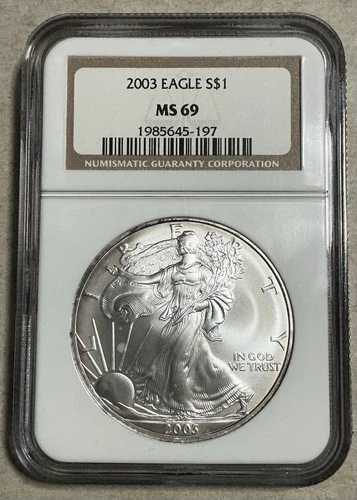 2003年 1ドル アメリカン シルバー イーグル ドル NGC MS69 リムトーニング良好