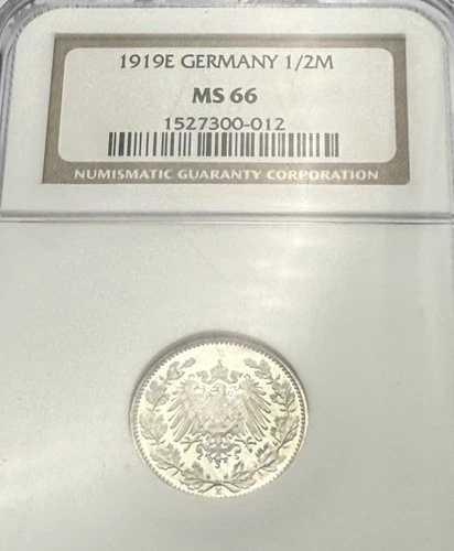 1919-E - ドイツ帝国銀貨 1/2マーク - NGC MS 66 - 美しいブラストホワイトの宝石