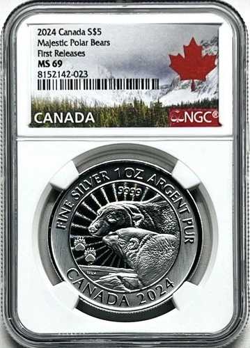 2024年 5ドル カナダ 1オンス シルバー マジェスティック ポーラーベアーズ NGC MS69 PL 初リリース