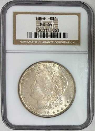 1888 年モルガン銀貨、NGC MS-64、クリーム色のトーニング!