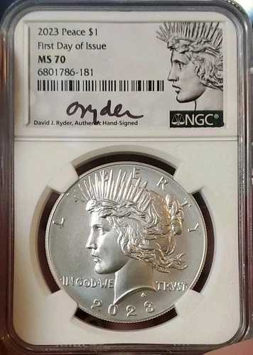 2023年ピースシルバーダラー 発行初日 NGC MS70 デビッド・ライダー直筆サイン