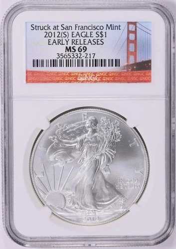 2012-(S) $1 シルバーイーグル アーリーリリース NGC MS-69 (ゴールデンゲートブリッジラベル)