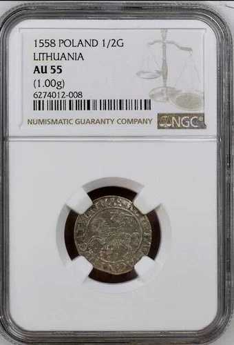 ポーランド リトアニア 1/2 グローシェ 1558 NGC AU55 シルバー ジギスムント アウグスト国王