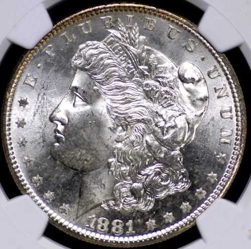 1881年 S モルガン・ダラー NGC MS 63 光沢のあるサテンホワイト、完全に打刻され、非常に