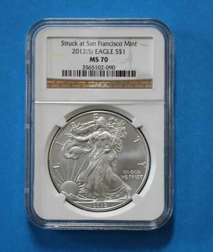 2012 (S) シルバーイーグル S $1 サンフランシスコ造幣局でストラック -NGC MS70 (ブラウンレーベル)-
