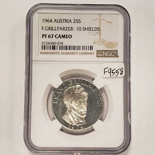 1964 オーストリア 25 シリング シルバー グリルパルツァー ASW .3344 - NGC PF 67 カメオ - F9558