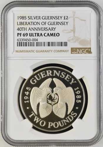 1985年 ガーンジー島 2ポンド ガーンジー島解放40周年記念 銀貨 NGC PF 69 UC