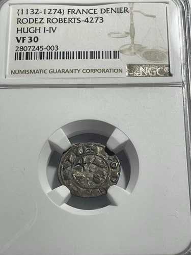 フランス AR デニール 1132-1274 AD RODEZ ROBERTS-4273 HUGH I-IV NGC VF30