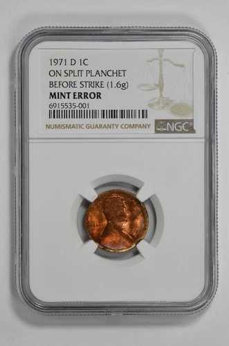 1971年 D 1C リンカーン記念セント（スプリットプランシェット付き、打刻前、NGC造幣局エラー） 45,045円
