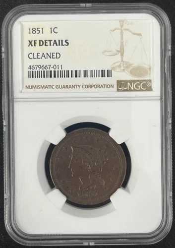 1851年 1セント 編み込みヘア ラージセント XF 詳細クリーニング済み NGC