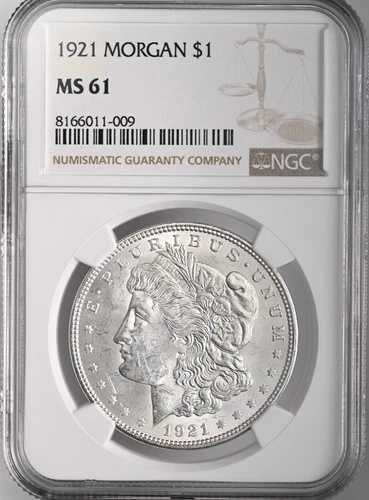 1921-P 1ドル モルガン シルバー ミントステート NGC MS61 #8166011-009 \