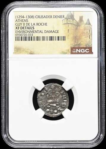 中世十字軍兵士。ギー2世・ド・ラ・ロッシュ作。アテネ、1294-1308年。銀デニール。NGC XF。