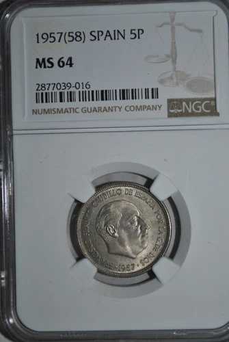 スペイン 5ペセタ 1957/58 NGC MS64