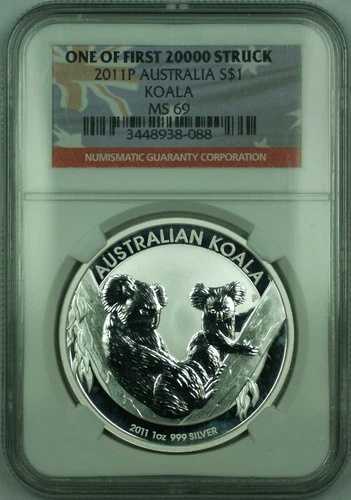 2011-P オーストラリア シルバードル 1オンス コアラ 1ドルコイン NGC MS-69 「最初の20,000枚」 (E)
