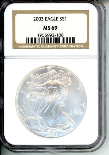 2003 アメリカン シルバー イーグル S$1 ASE NGC MS69 MS-69 !!!