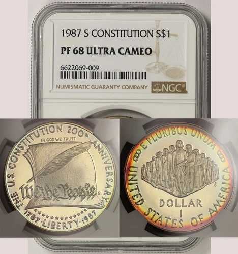 1987-S コンスティチューション銀貨記念 1ドル プルーフ PF 68 ウルトラカム NGC カラートーン 45,045円