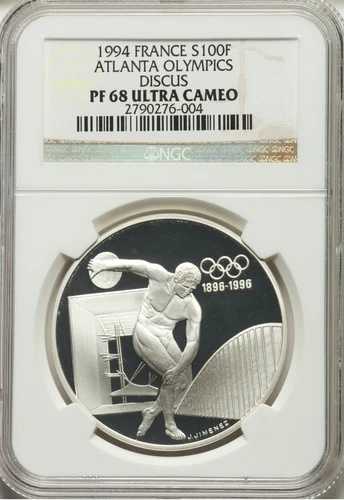 フランス 銀貨 100フラン 1994年アトランタオリンピック NGC: PF 68 ウルトラカメオ #C387