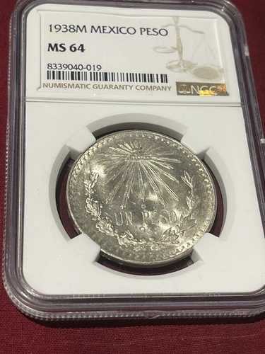 1938年 メキシコ シルバー 1ペソ NGC MS 64?? 光沢のあるゴージャスなコイン
