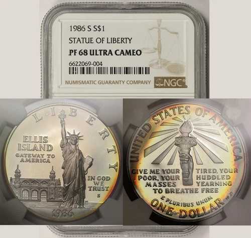 1986-S 自由の女神像 シルバー記念 1ドル PF 68 ウルトラカム NGC カラートーン