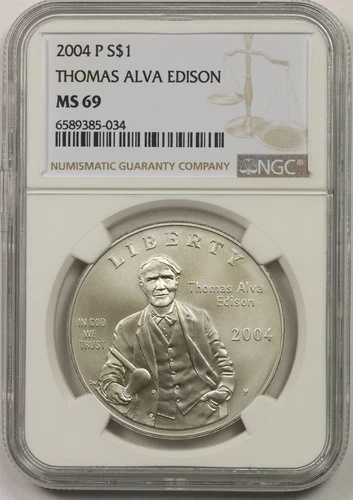 2004-P トーマス・アルバ・エジソン 1ドル NGC MS 69 現代記念銀貨