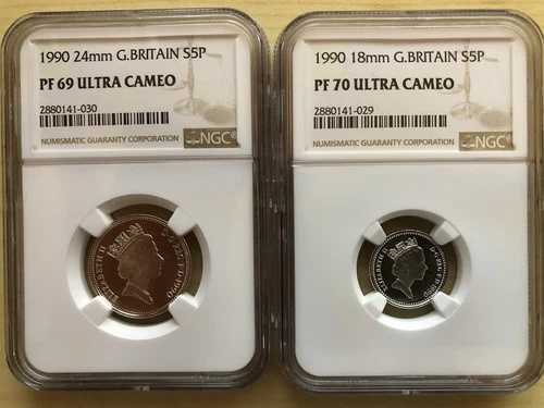 イギリス 1990年 公式銀貨 5ペンス デュアルプルーフセット NGC PF69-70 ボックス COA