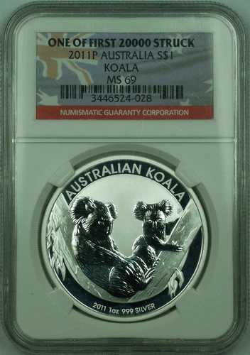 2011-P オーストラリア シルバードル 1オンス コアラ 1ドルコイン NGC MS-69 「最初の20,000枚」 (C) 45,045円