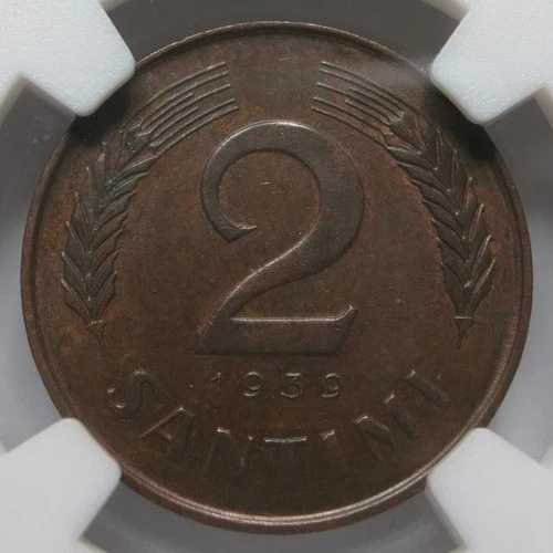 ラトビア 2 サンティミ 1939 NGC MS 63 BN UNC ブロンズ バルト海 サン グリフォン ウィート 第二次世界大戦-