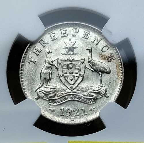 オーストラリア 1921-M スリーペンス NGC MS-61 フロスティ!