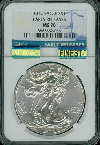 2012 シルバー イーグル NGC MS70 ER MAC 最高グレード & スポットレス。